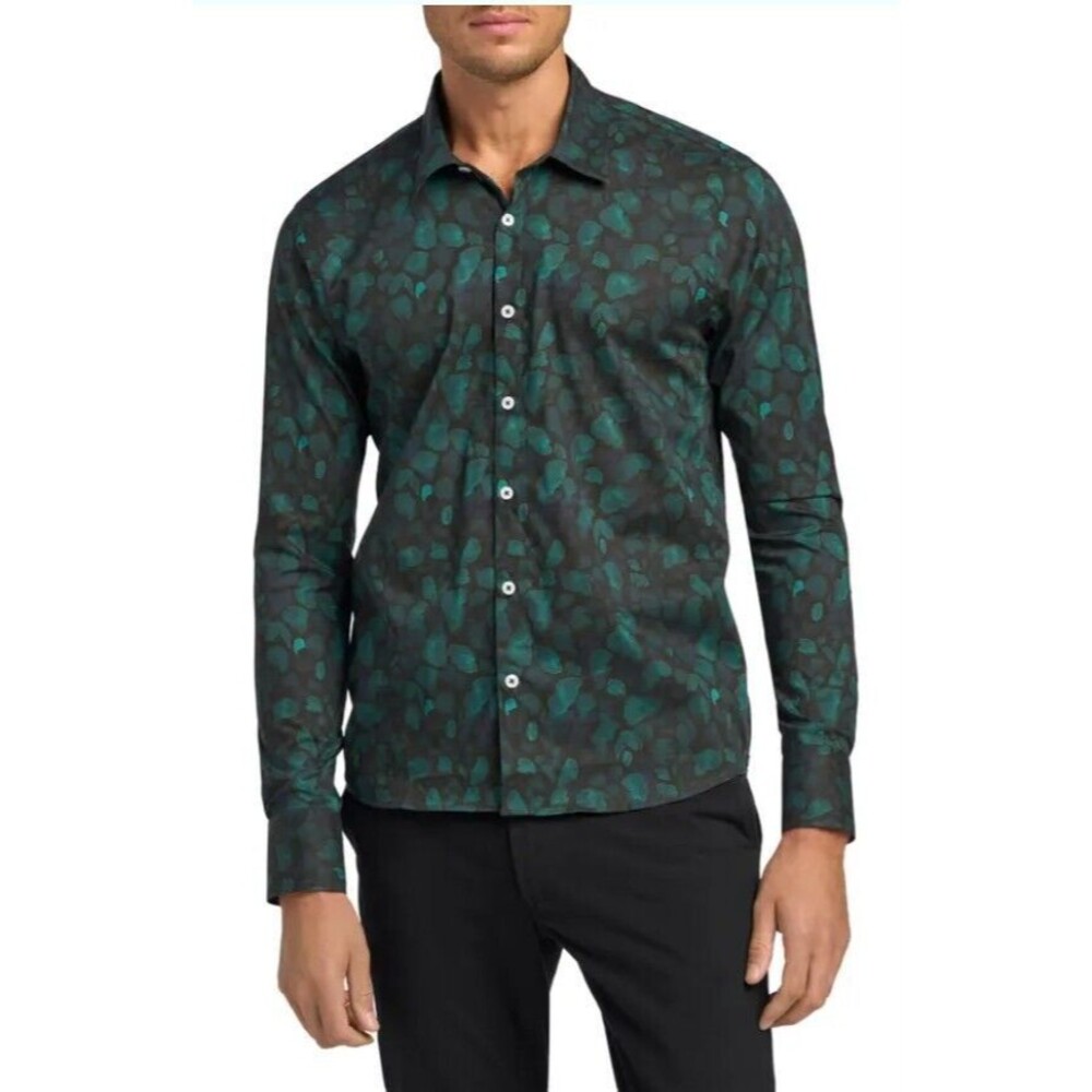 NWT Goodman Black Long Sleeve Button Up Blue Green Abstract Shale print Large